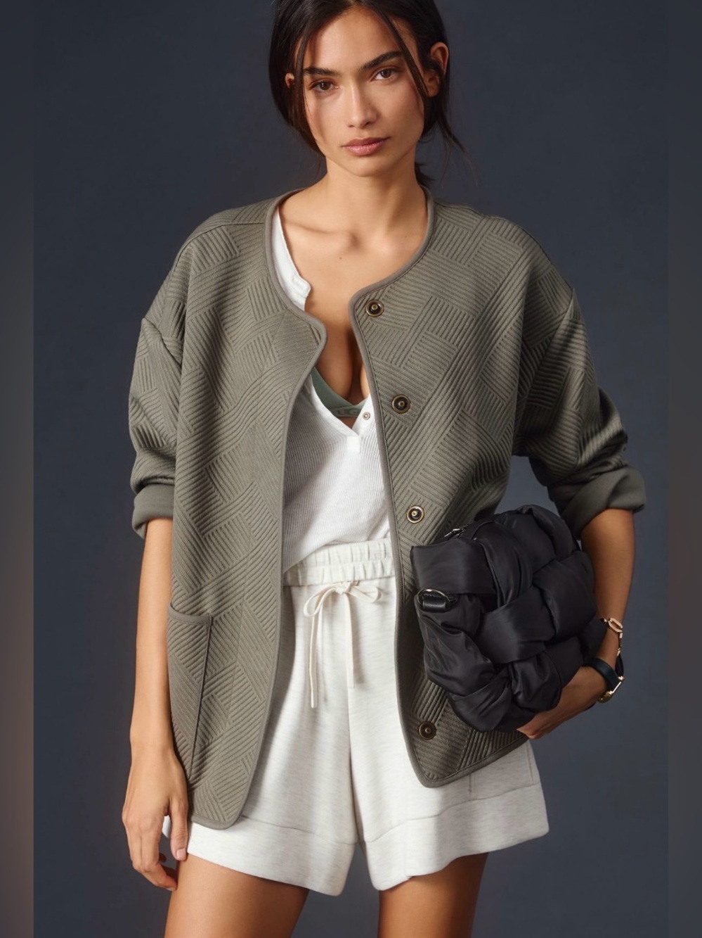 Anthropologie Olive Green Quilted Boxy Jacket
